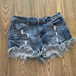 Elan Jean Shorts Mid-Rise Distressed Fringe Hem Denim Medium Wash Blue Size M
